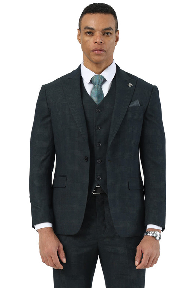 Men's Stacy Adams One Button Peak Lapel Vested Suit in Dark Hunter Green Plaid - 34 Short