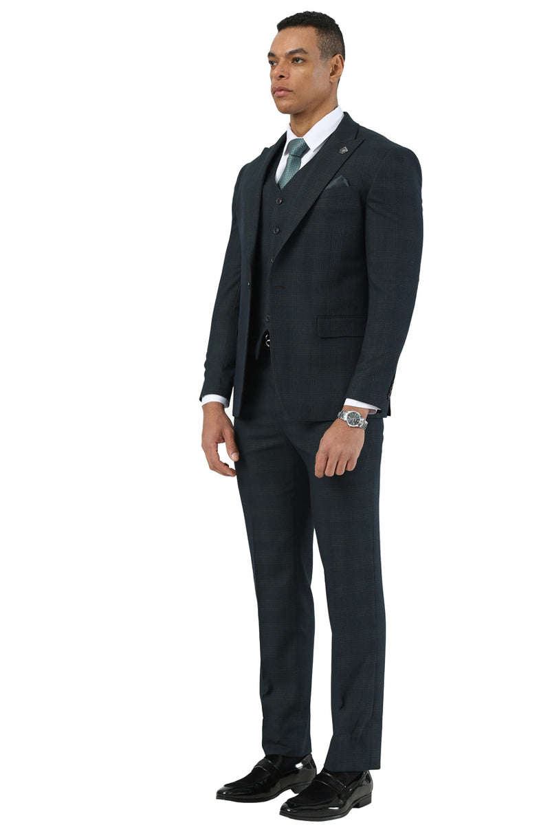 Men's Stacy Adams One Button Peak Lapel Vested Suit in Dark Hunter Green Plaid - 34 Short