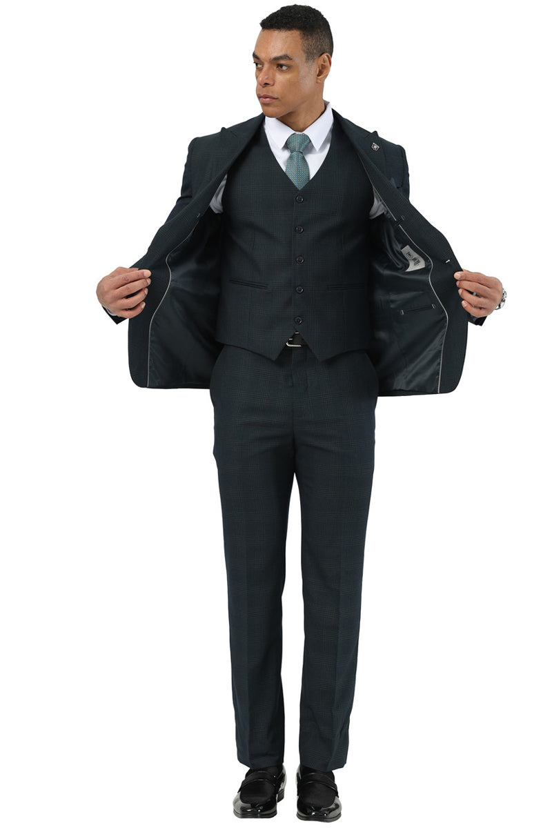 Men's Stacy Adams One Button Peak Lapel Vested Suit in Dark Hunter Green Plaid - 34 Short