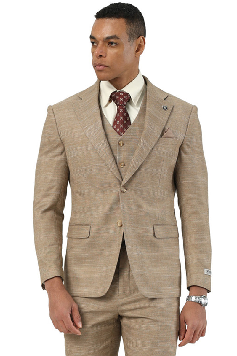 Men's Stacy Adams Vested Sharkskin Pattern Business Suit in Tan - 38 Regular