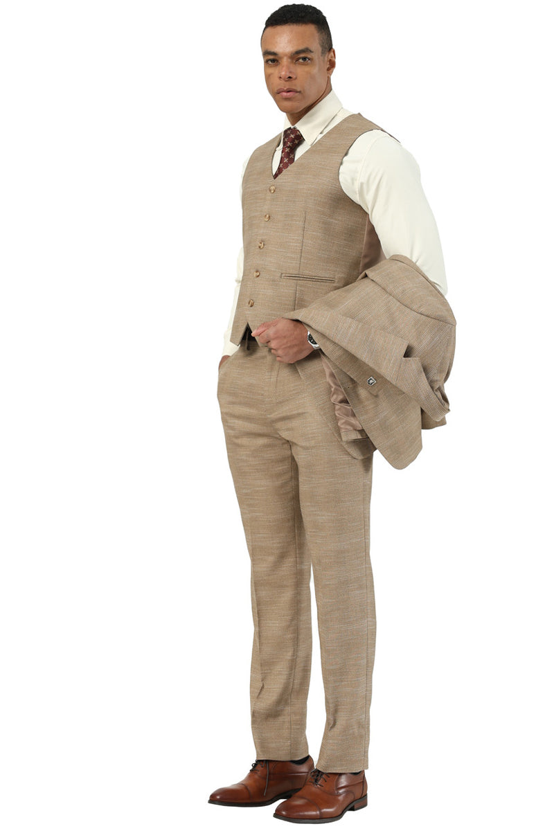 Men's Stacy Adams Vested Sharkskin Pattern Business Suit in Tan - 38 Regular