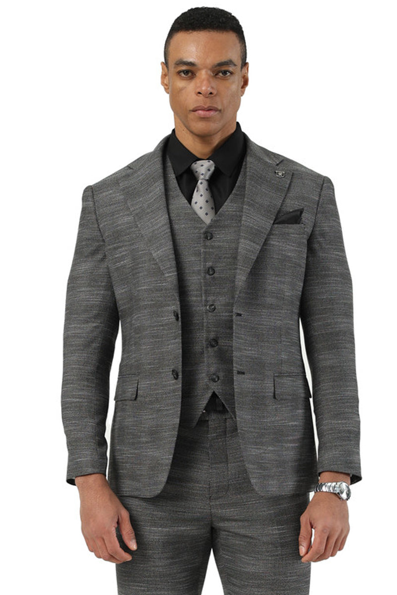 Men's Stacy Adams Vested Sharkskin Pattern Business Suit in Charcoal Grey - 38 Regular