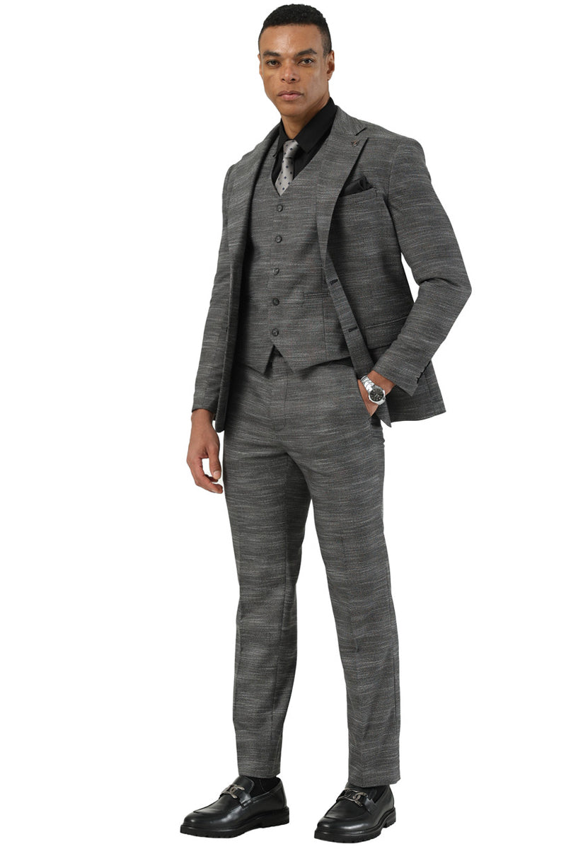 Men's Stacy Adams Vested Sharkskin Pattern Business Suit in Charcoal Grey - 38 Regular