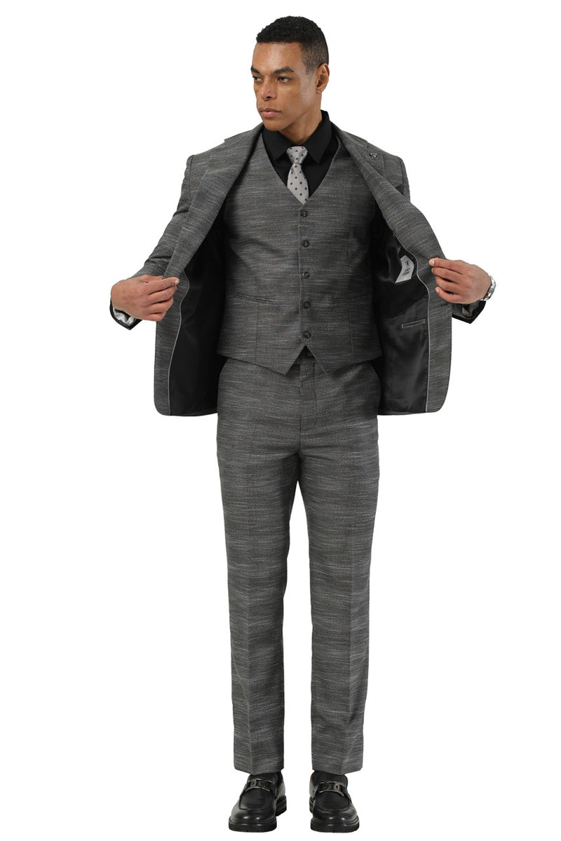 Men's Stacy Adams Vested Sharkskin Pattern Business Suit in Charcoal Grey - 38 Regular
