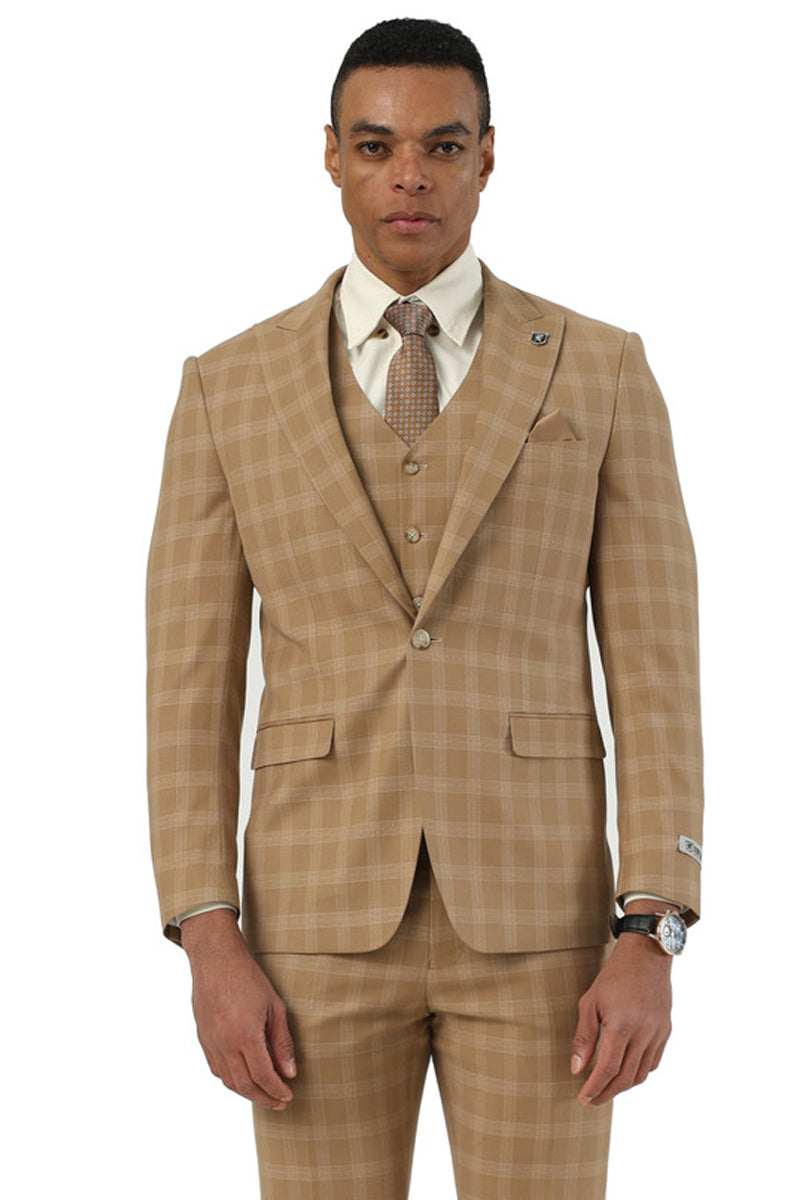 Men's Stacy Adams One Button Vested Peak Lapel Suit in Taupe Plaid - 34 Short
