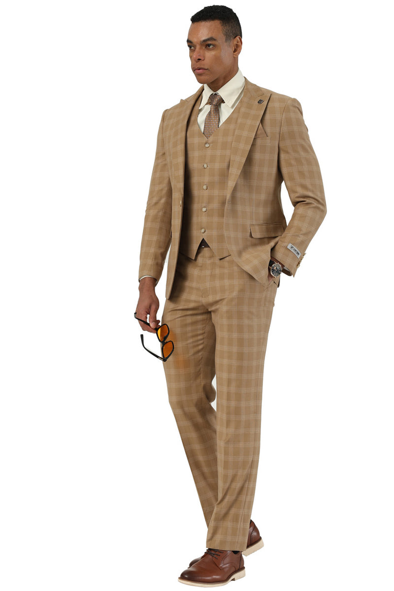 Men's Stacy Adams One Button Vested Peak Lapel Suit in Taupe Plaid - 34 Short