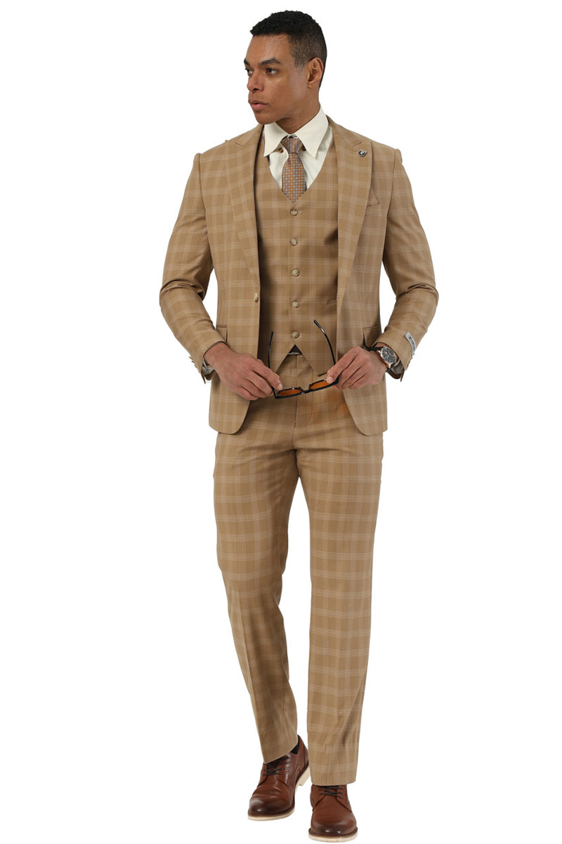 Men's Stacy Adams One Button Vested Peak Lapel Suit in Taupe Plaid - 34 Short