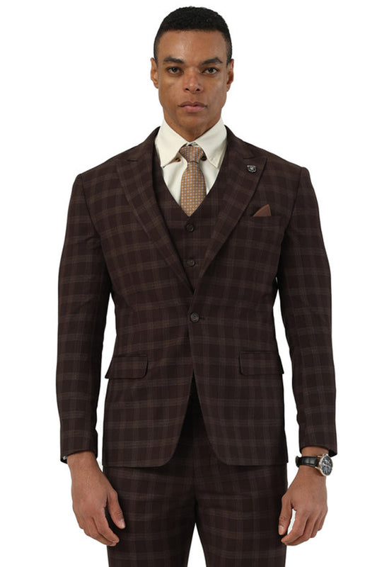 Men's Stacy Adams One Button Vested Peak Lapel Suit in Brown Plaid