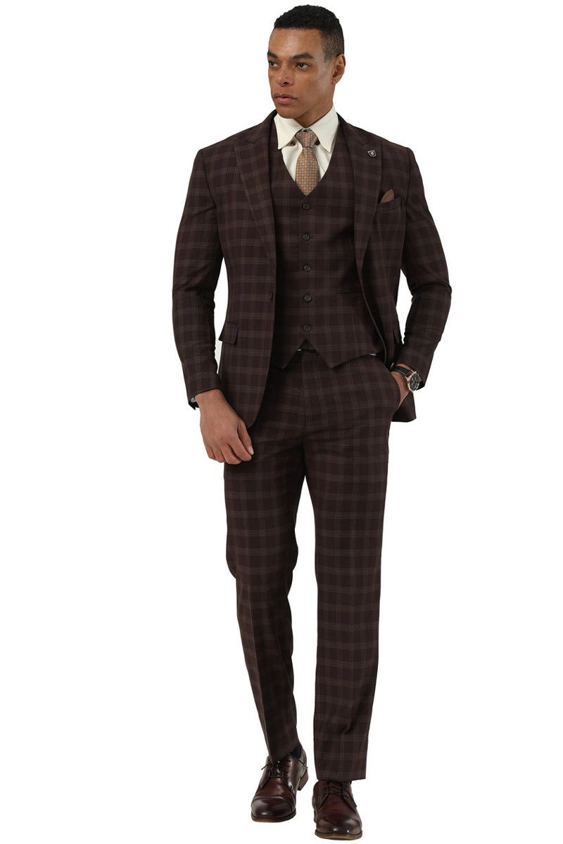 Men's Stacy Adams One Button Vested Peak Lapel Suit in Brown Plaid - 34 Short