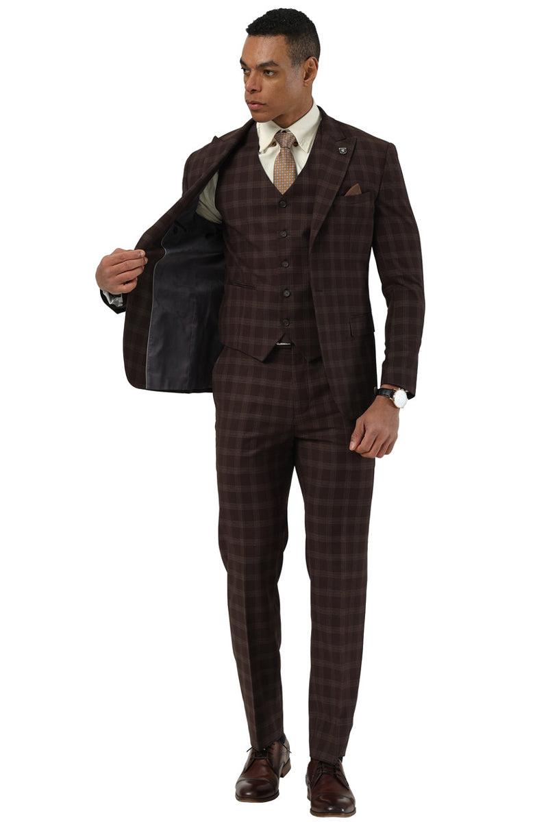 Men's Stacy Adams One Button Vested Peak Lapel Suit in Brown Plaid - 34 Short