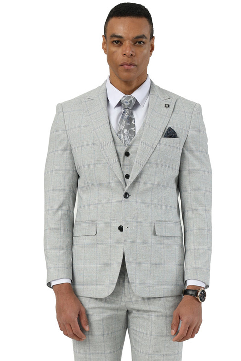 Men's Stacy Adams Two Button Vested Peak Lapel Suit in Light Grey Windowpane Plaid - 34 Short
