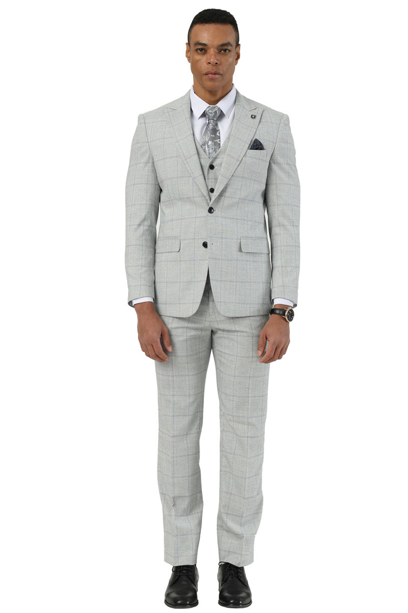 Men's Stacy Adams Two Button Vested Peak Lapel Suit in Light Grey Windowpane Plaid - 34 Short