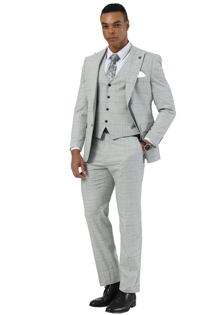 Men's Stacy Adams Two Button Vested Peak Lapel Suit in Light Grey Windowpane Plaid - 34 Short