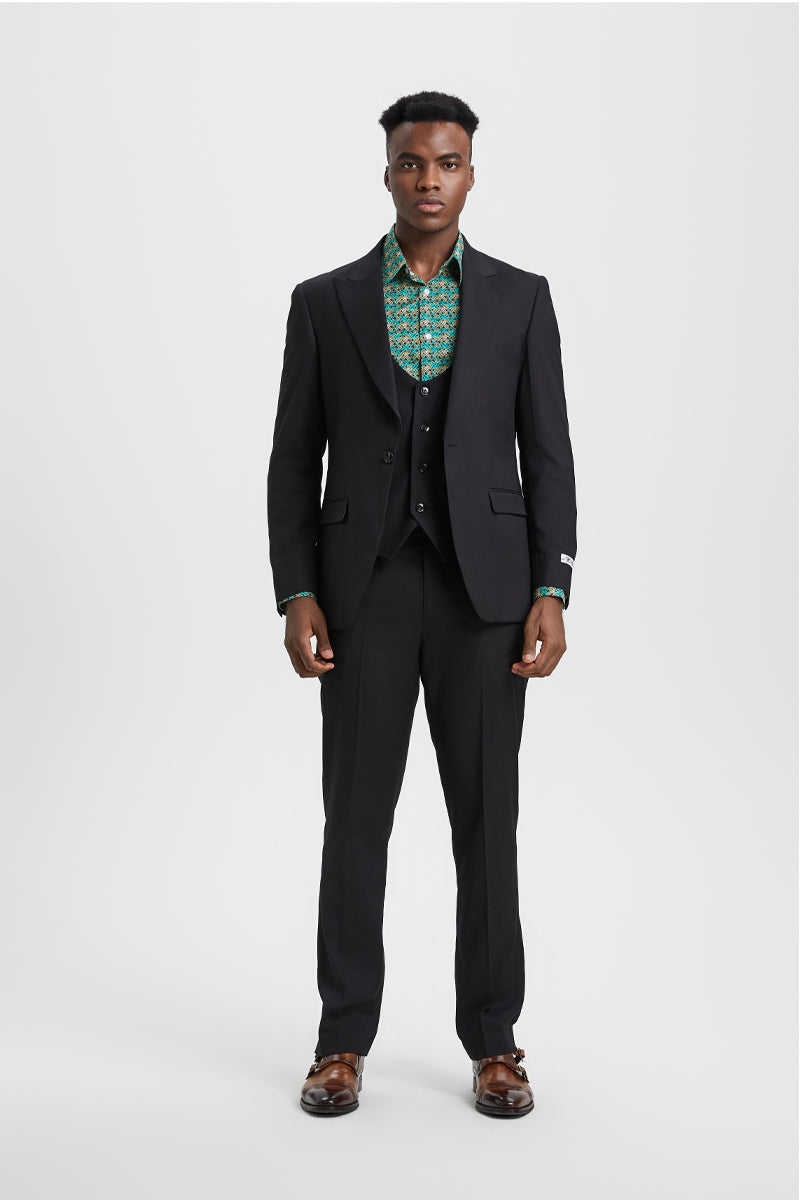 "Stacy Adams Suit Men's Designer Suit - Black, One Button Peak Lapel Vest"