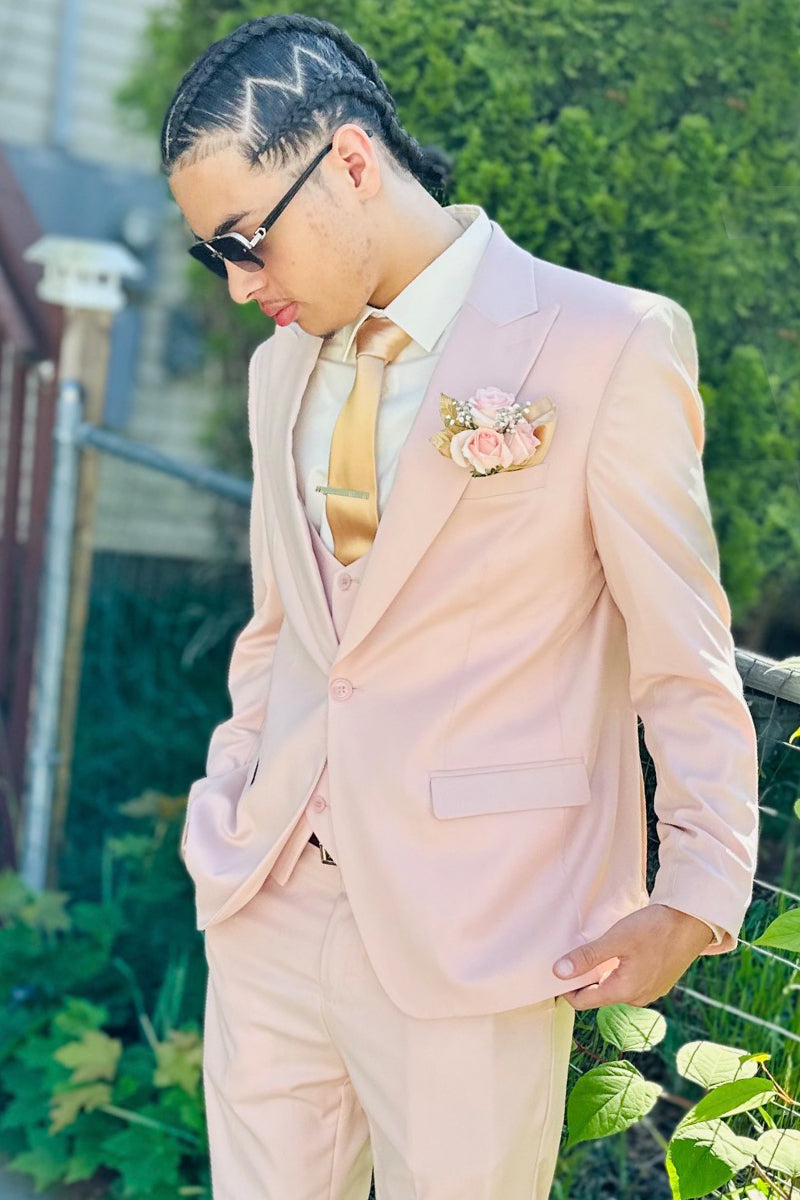 Men's Vested One Button Peak Lapel Stacy Adams Designer Suit in Blush Pink - 34 Regular