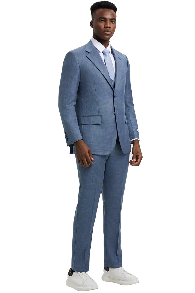 Men's Two Button Vested Stacy Adams Designer Sharkskin Suit in Steel Light Blue - 34 Regular
