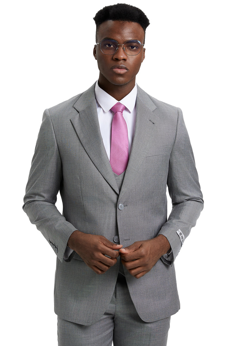 Men's Two Button Vested Stacy Adams Designer Sharkskin Suit in Light Grey - 34 Regular
