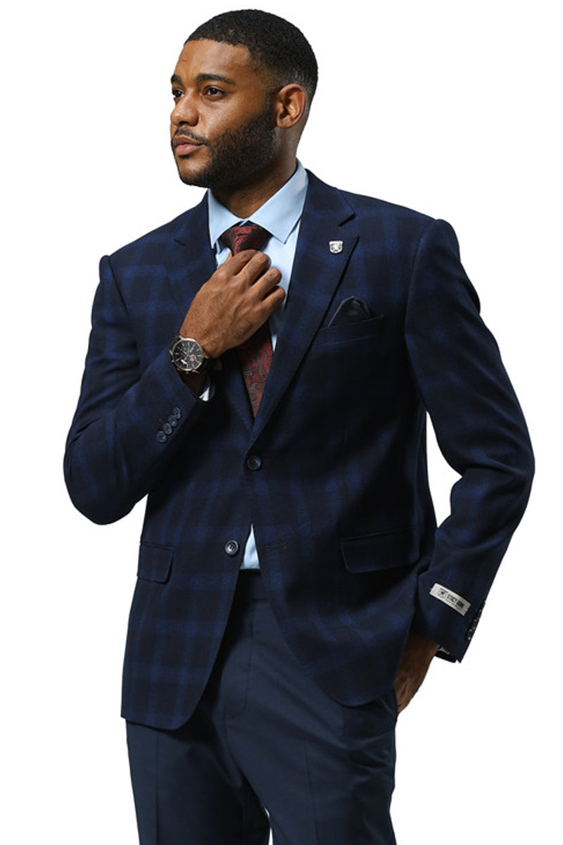 Men's Stacy Adams Modern Fit Business Sport Coat Blazer in Dark Navy Blue Plaid - 34 Short