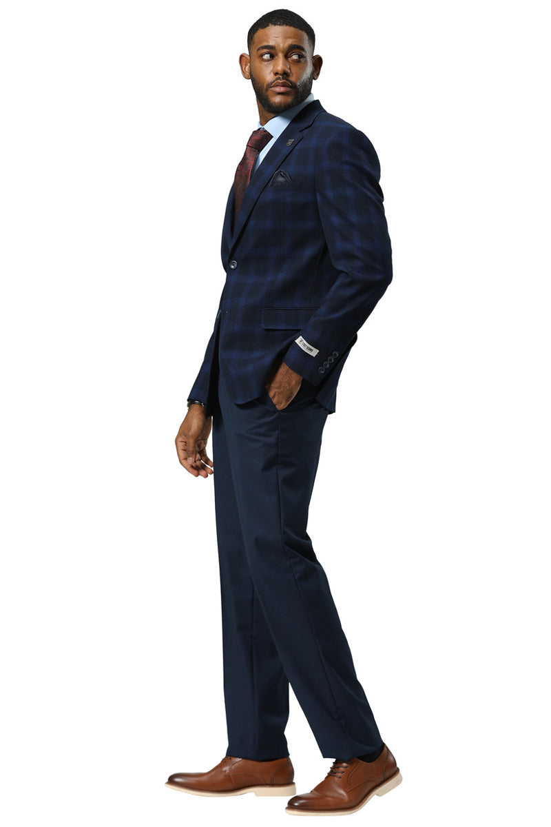 Men's Stacy Adams Modern Fit Business Sport Coat Blazer in Dark Navy Blue Plaid - 34 Short