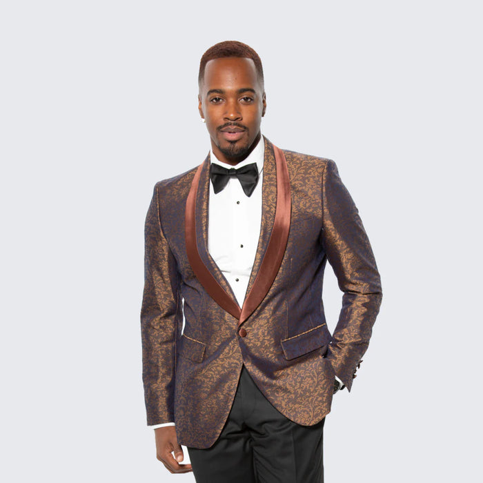 Mens Brown Paisley Tuxedo with Brown Satin Lapel and Black Pants Formal Wedding Suit with Chain Brooch-New Designer Collection