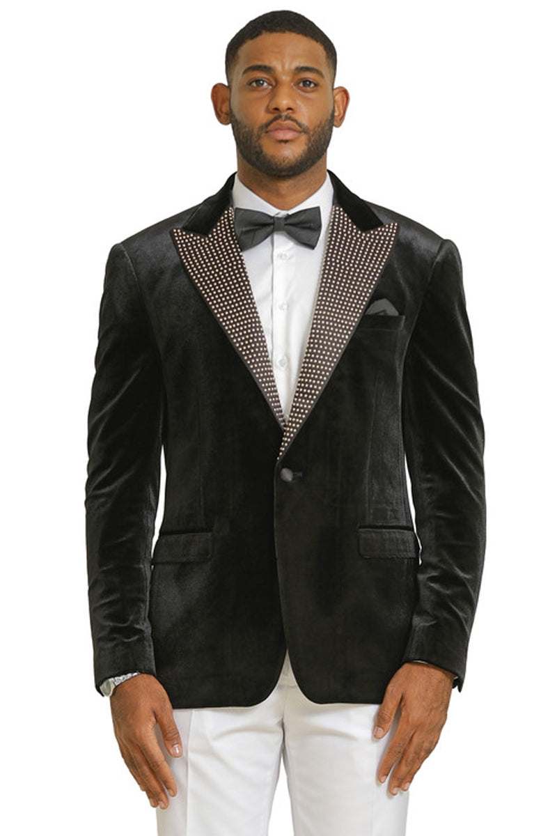 Men's Stacy Adams Velvet Wedding & Prom Tuxedo Jacket With Rhinestone Adorned Lapel in Black - X-Small