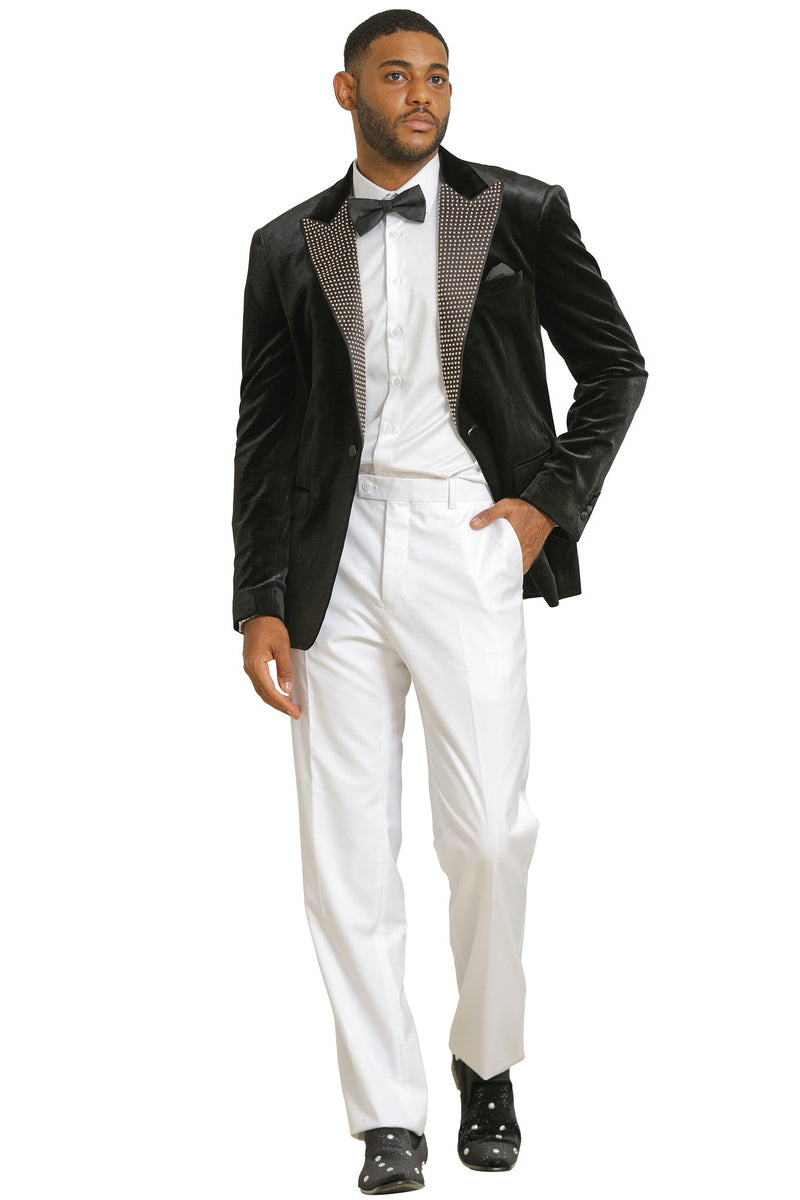 Men's Stacy Adams Velvet Wedding & Prom Tuxedo Jacket With Rhinestone sequin Adorned Lapel in Black - X-Small