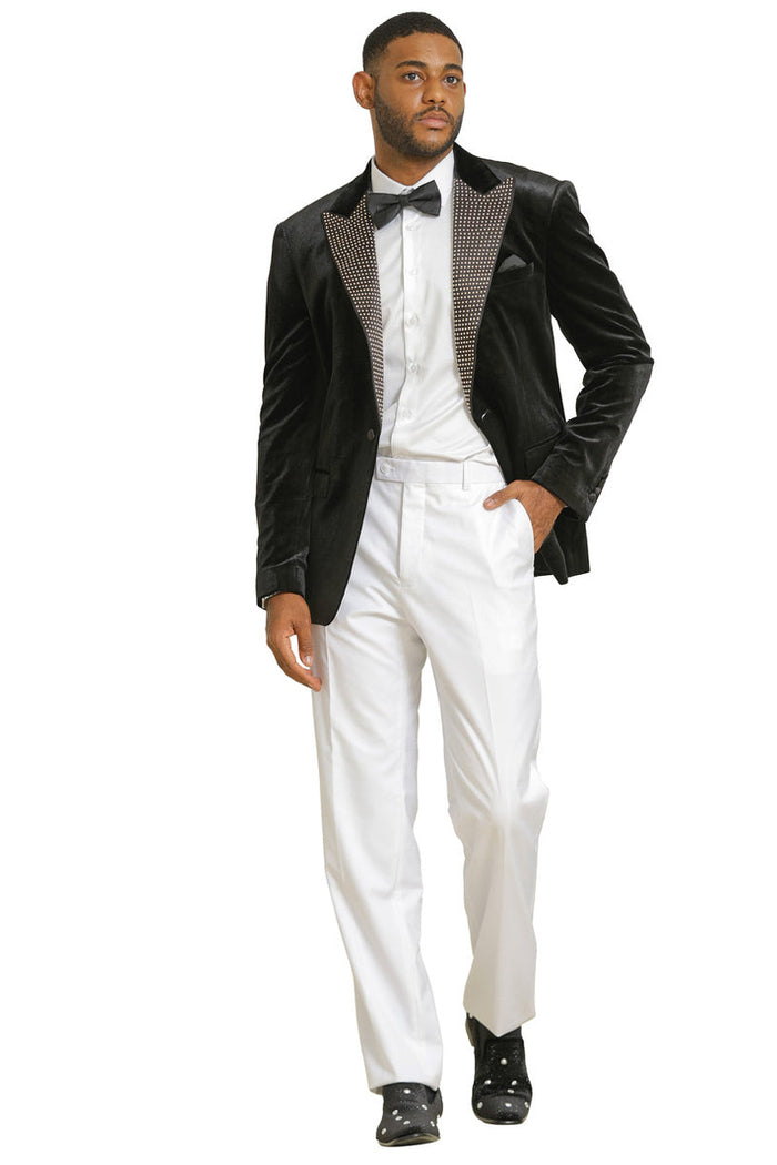 Men's Stacy Adams Velvet Wedding & Prom Tuxedo Jacket With Rhinestone sequin Adorned Lapel in Black