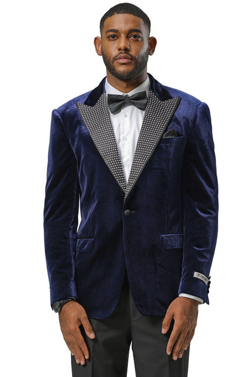 Men's Stacy Adams Velvet Wedding & Prom Tuxedo Jacket With Rhinestone Adorned Lapel in Navy - X-Small
