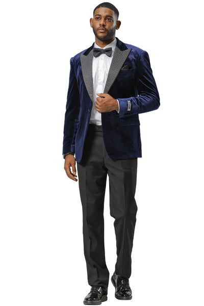 Men's Stacy Adams Velvet Wedding & Prom Tuxedo Jacket With Rhinestone sequin Adorned Lapel in Navy