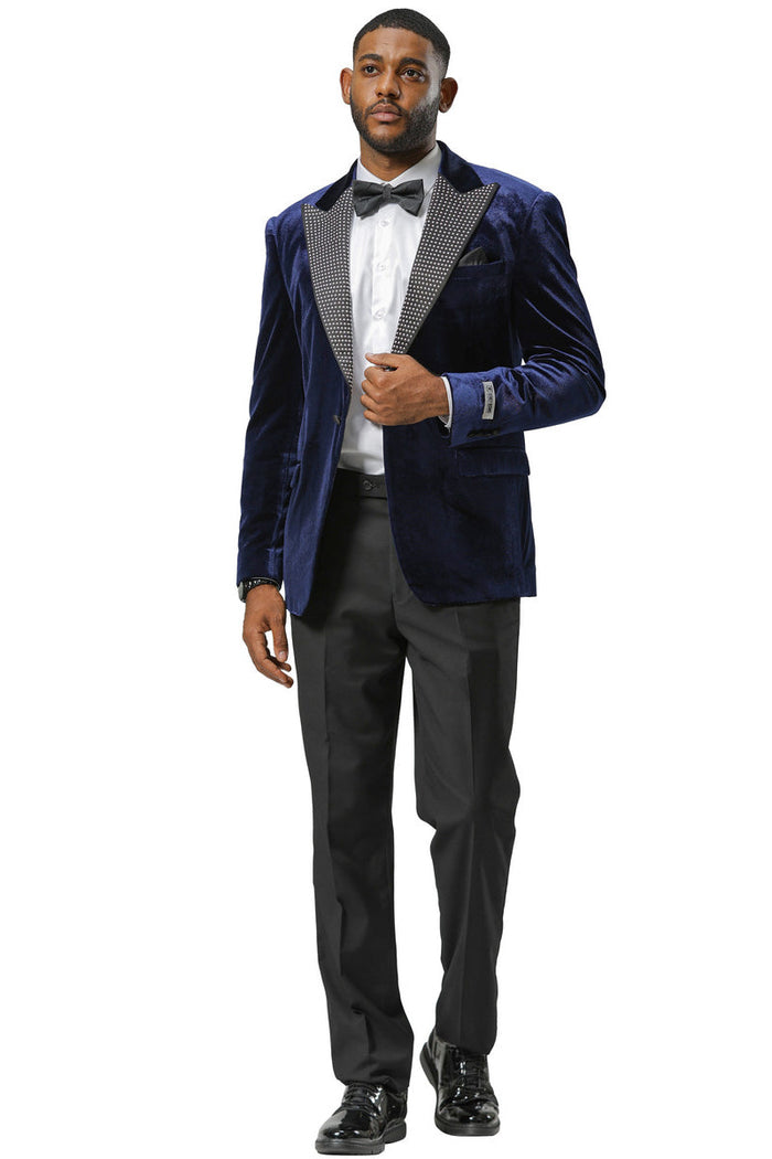 Men's Stacy Adams Velvet Wedding & Prom Tuxedo Jacket With Rhinestone sequin Adorned Lapel in Navy
