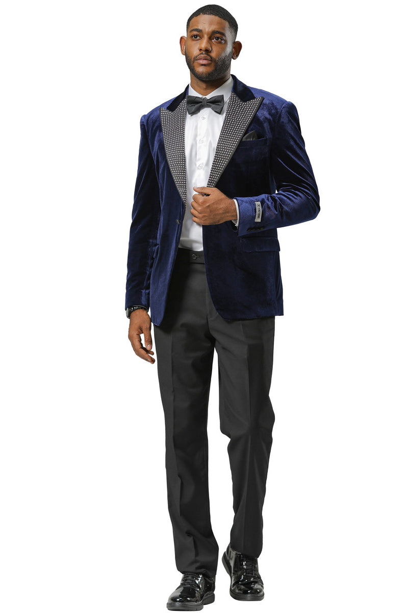 Men's Stacy Adams Velvet Wedding & Prom Tuxedo Jacket With Rhinestone Adorned Lapel in Navy - X-Small