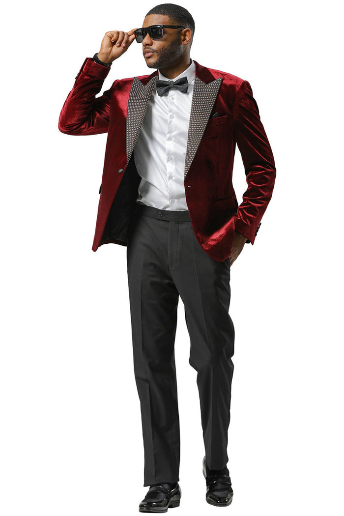 Men's Stacy Adams Velvet Wedding & Prom Tuxedo Jacket With Rhinestone sequin Adorned Lapel in Burgundy