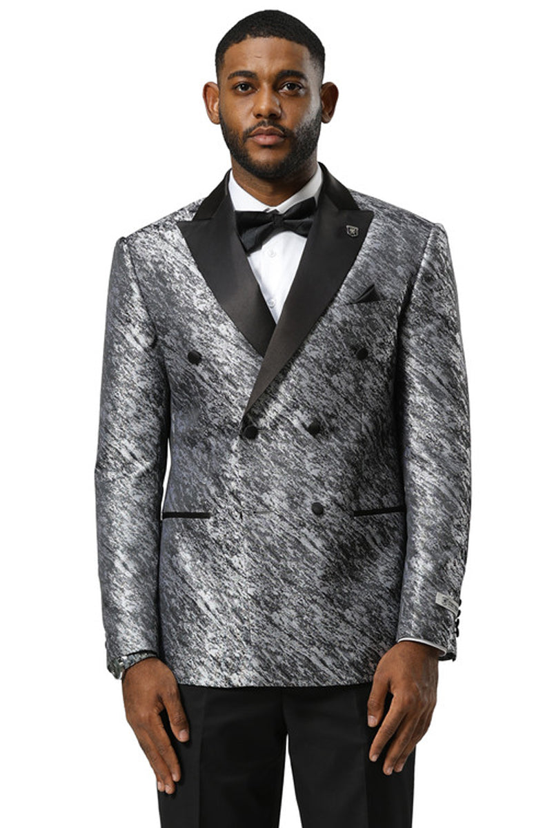 Men's Stacy Adams Double Breasted Wedding & Prom Tuxedo Jacket in Textured Shiny Silver Sharkskin - X-Small