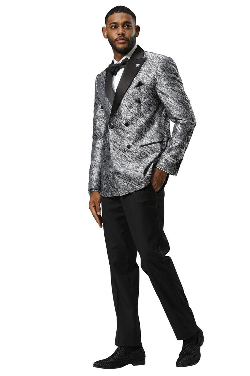 Men's Stacy Adams Double Breasted Wedding & Prom Tuxedo Jacket in Textured Shiny Silver Sharkskin - X-Small