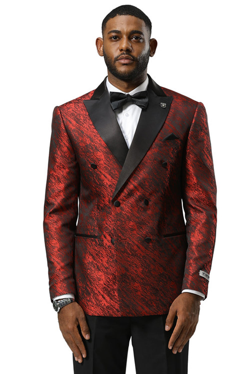 Men's Stacy Adams Double Breasted Wedding & Prom Tuxedo Jacket in Textured Shiny Red Sharkskin - X-Small