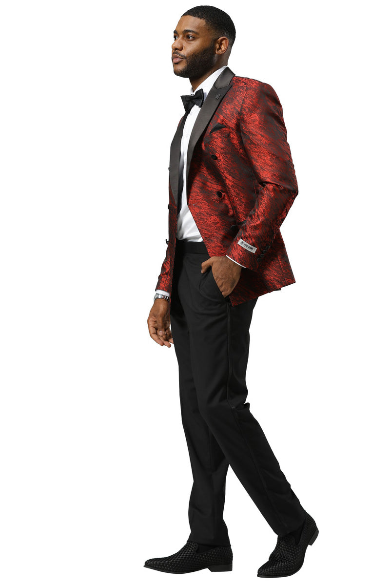 Men's Stacy Adams Double Breasted Wedding & Prom Tuxedo Jacket in Textured Shiny Red Sharkskin - X-Small