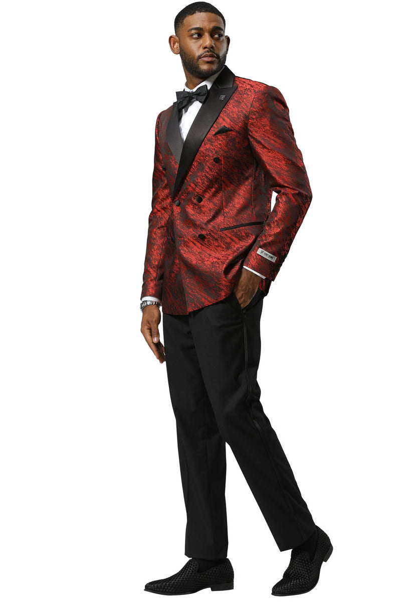 Men's Stacy Adams Double Breasted Wedding & Prom Tuxedo Jacket in Textured Shiny Red Sharkskin - X-Small