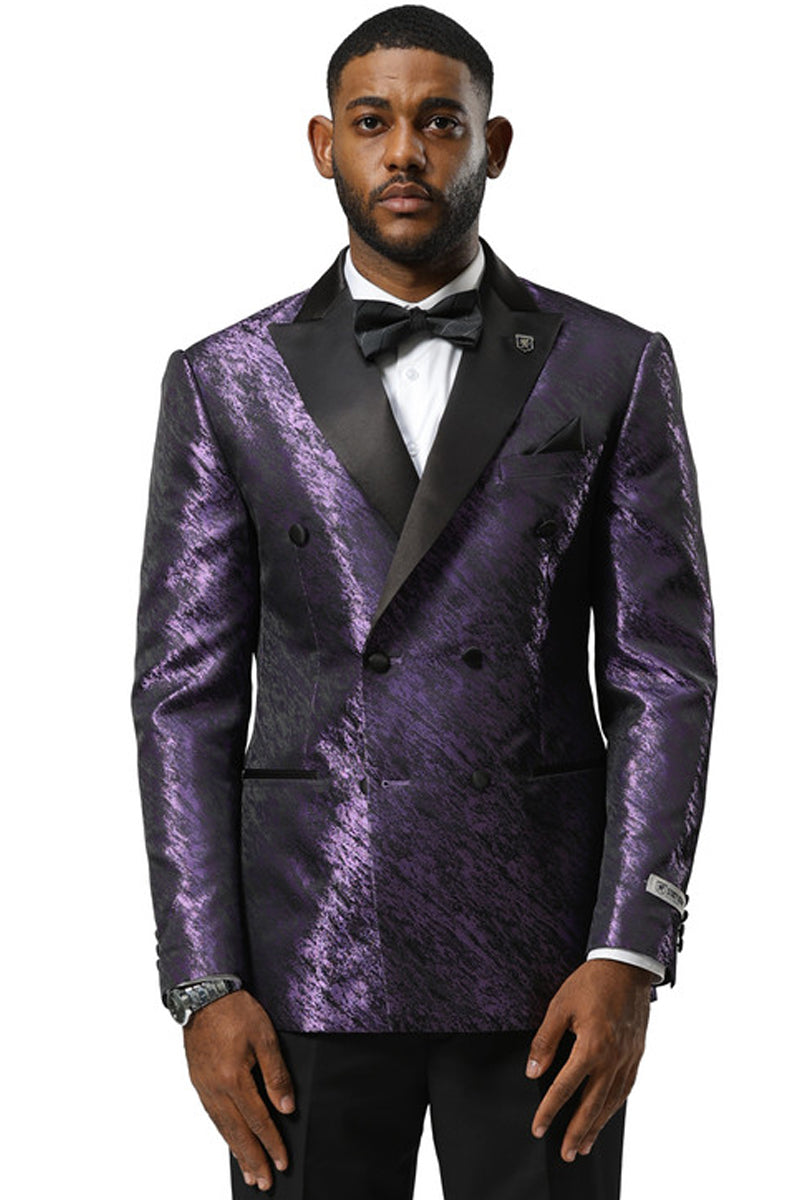 Men's Stacy Adams Double Breasted Wedding & Prom Tuxedo Jacket in Textured Shiny Purple Sharkskin - X-Small