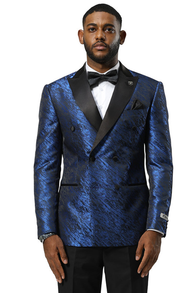 Men's Stacy Adams Double Breasted Wedding & Prom Tuxedo Jacket in Textured Shiny Royal Blue Sharkskin - X-Small