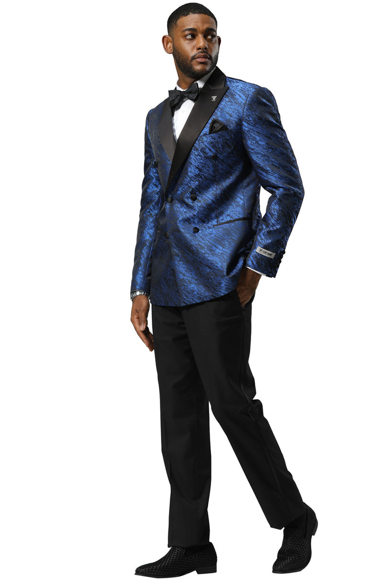 Men's Stacy Adams Double Breasted Wedding & Prom Tuxedo Jacket in Textured Shiny Royal Blue Sharkskin - X-Small