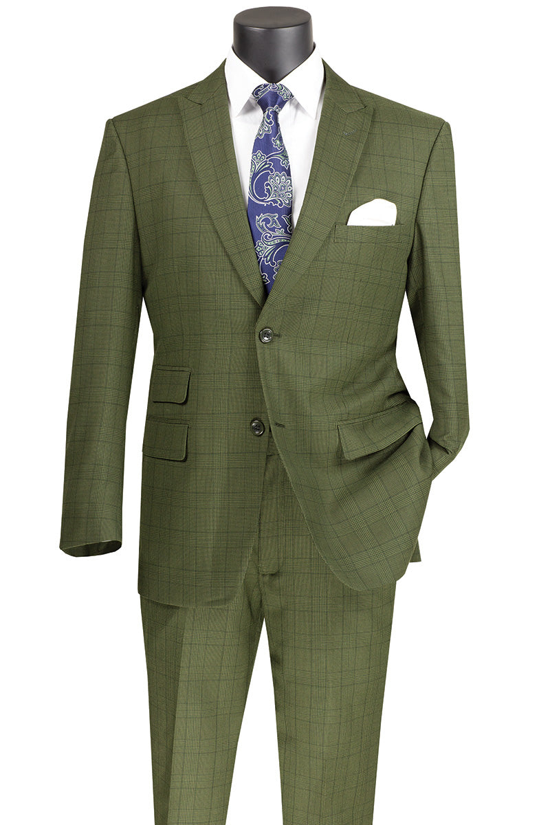 Catania Collection - Modern Fit Windowpane Suit 2 Piece in Olive - Olive