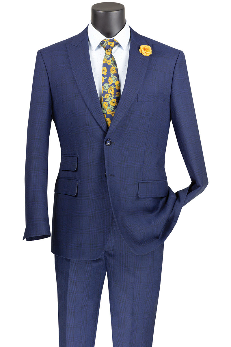Catania Collection - Modern Fit Windowpane Suit 2 Piece in Blue - Blue