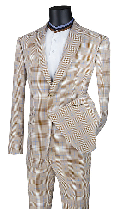 Slim Fit 2 Piece Suit Beige Glen Plaid Pattern Matching Pants - Beige
