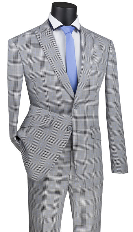 Slim Fit 2 Piece Suit Gray Glen Plaid Pattern Matching Pants - Gray