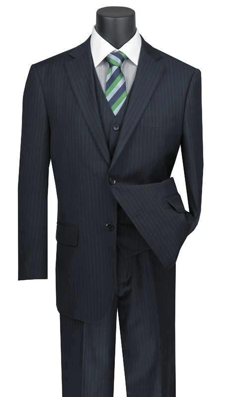 Sovana Collection - Regular Fit 3 Piece Suit 2 Button Tone on Tone Stripe in Navy - Navy
