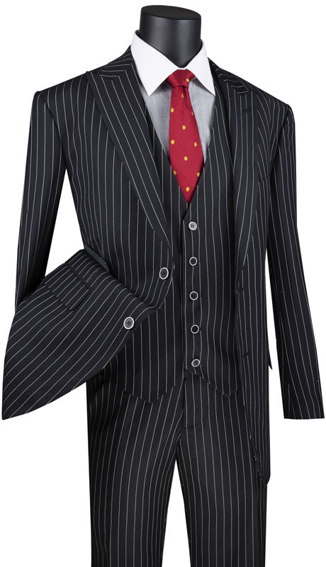 Odyssey Collection - Black Regular Fit 3 Piece Suit 2 Button Gangster Stripe - Black