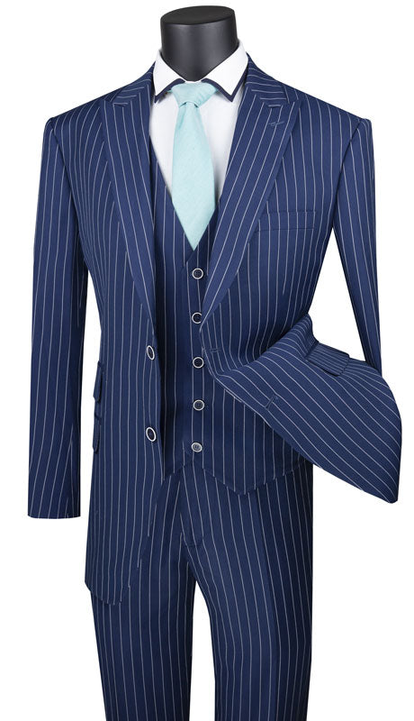Odyssey Collection - Blue Regular Fit 3 Piece Suit 2 Button Gangster Stripe - Blue