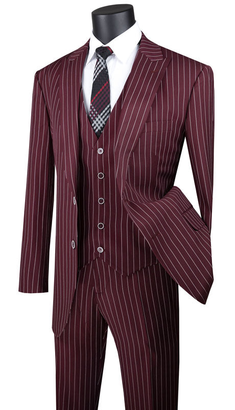 Odyssey Collection - Burgundy Regular Fit 3 Piece Suit 2 Button Gangster Stripe - Burgundy
