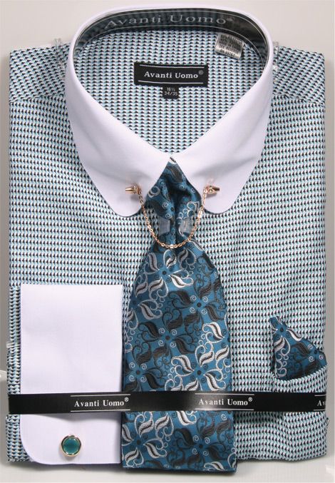 "Men's Houndstooth Dress Shirt with Contrast Collar & French Cuffs"