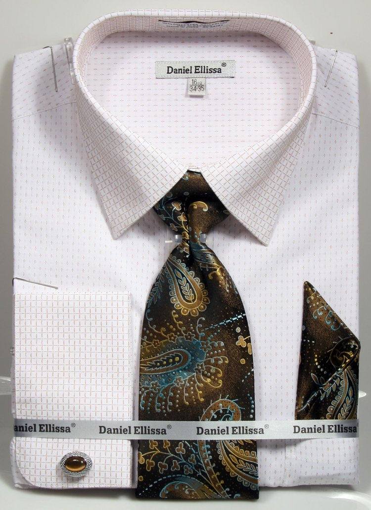 "Men's Regular Fit French Cuff Dress Shirt & Tie Set - White & Beige"